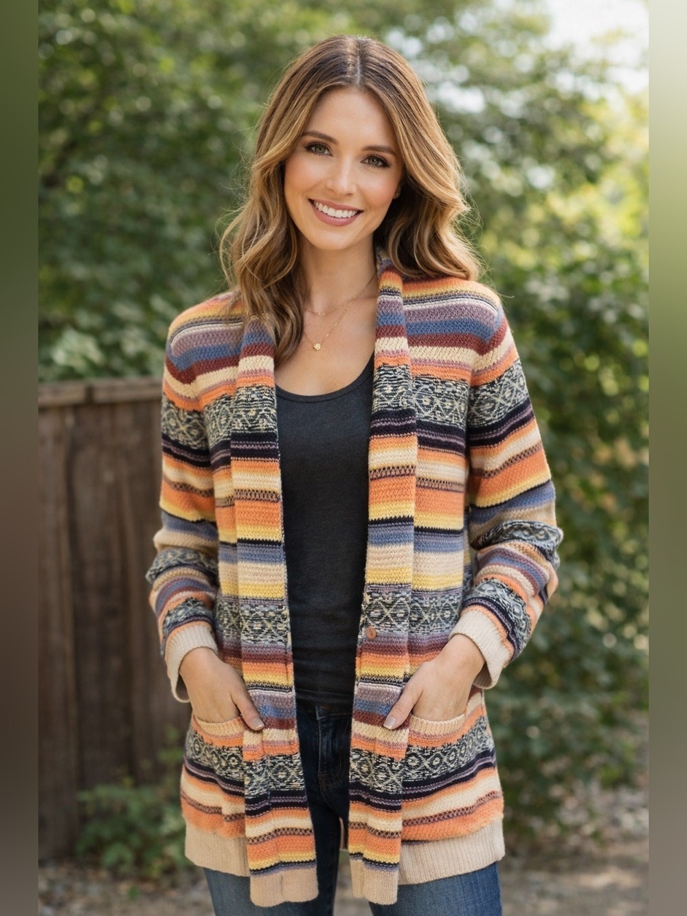 Coldwater Creek Southwestern Cardigan Crochet Sz M Aztec Open Front Sweater